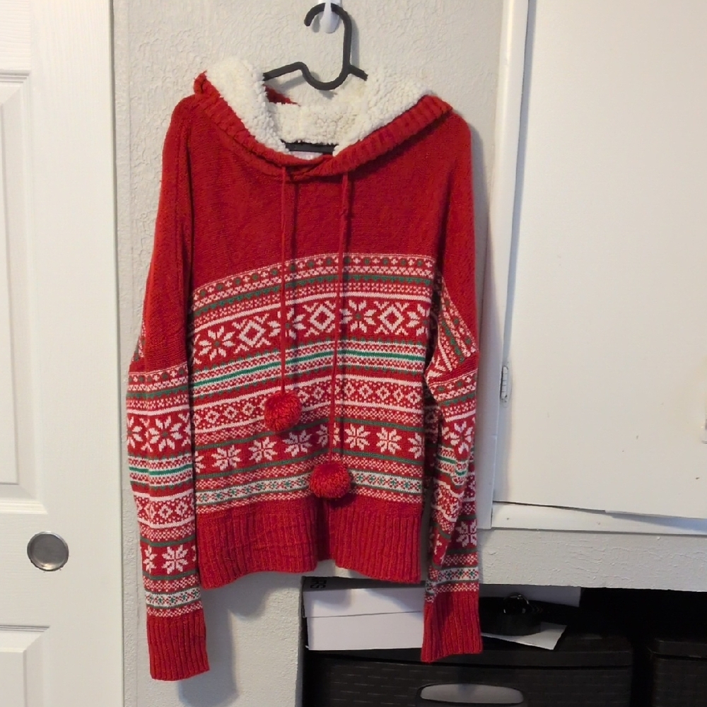 NOBO Red Fair Isle Sherpa-Lined Cowl Sweater with Pom Drawstrings